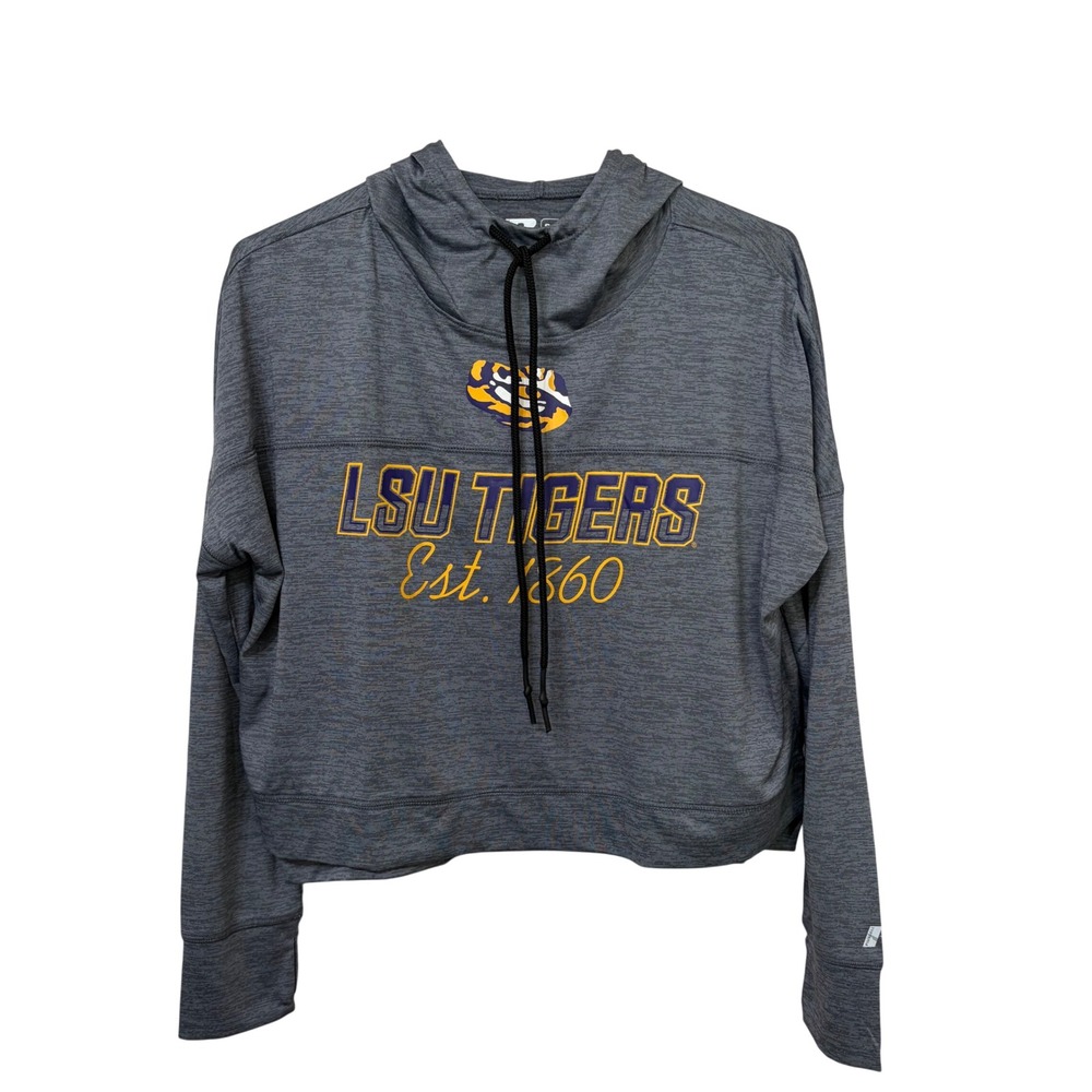 Russell LSU Tigers Cropped Hoodie Gray Heathered Thumbhole Sweatshirt Small